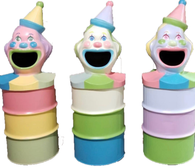Smiling clown containers in a row