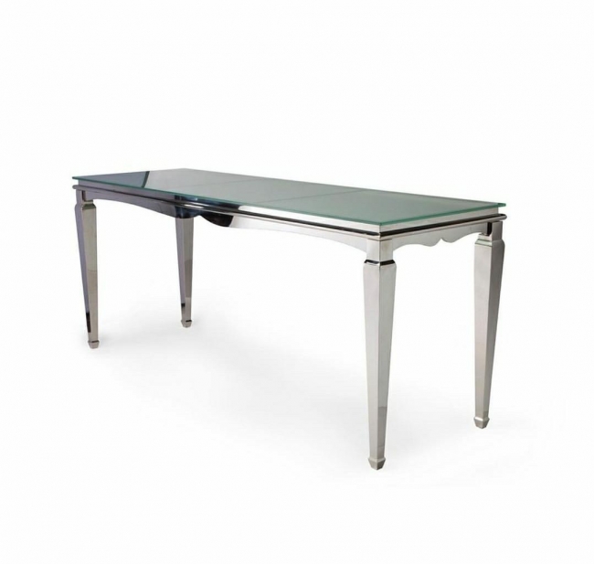 Sleek table featuring reflective glass surface.