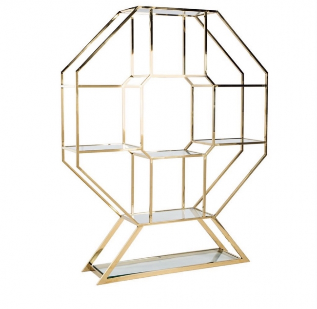 Modern gold and glass shelving unit