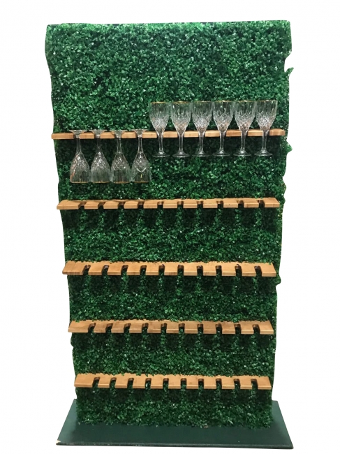 Wooden shelf with glasses on greenery