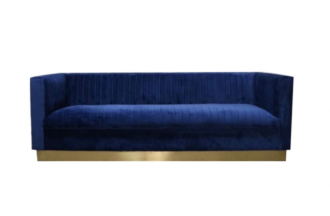 Modern navy couch with gold trim