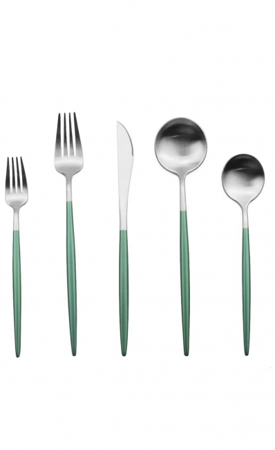 Modern silverware with green handles.