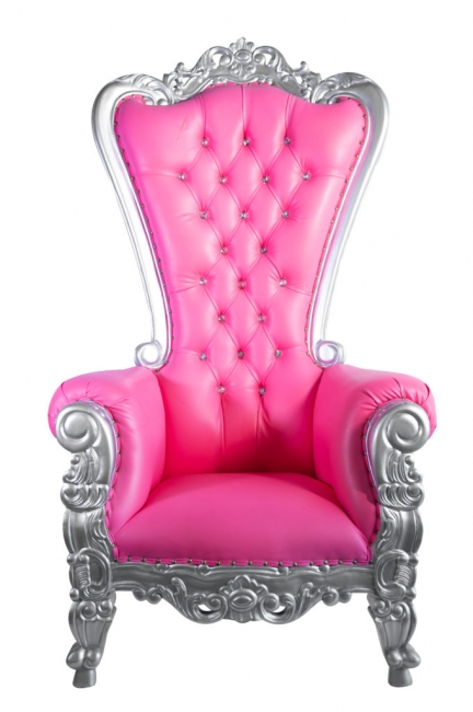 Elegant pink throne with intricate silver details.