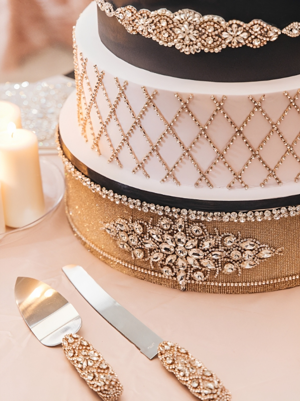 Elegant tiered cake with jeweled decorations