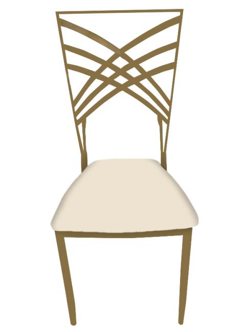 A wooden chair with a cream-colored cushioned seat and an intricate geometric pattern on the backrest.