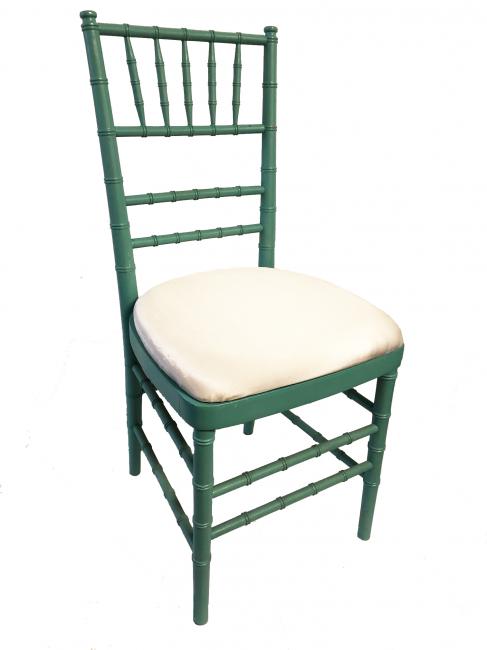 Green wooden chair with cushioned seat