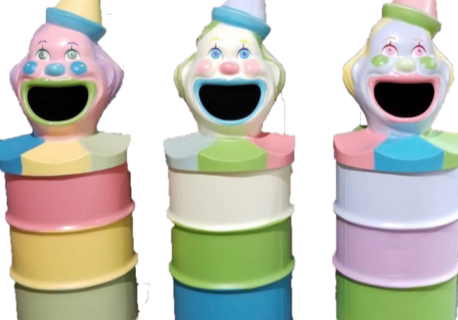 Smiling clown containers in a row
