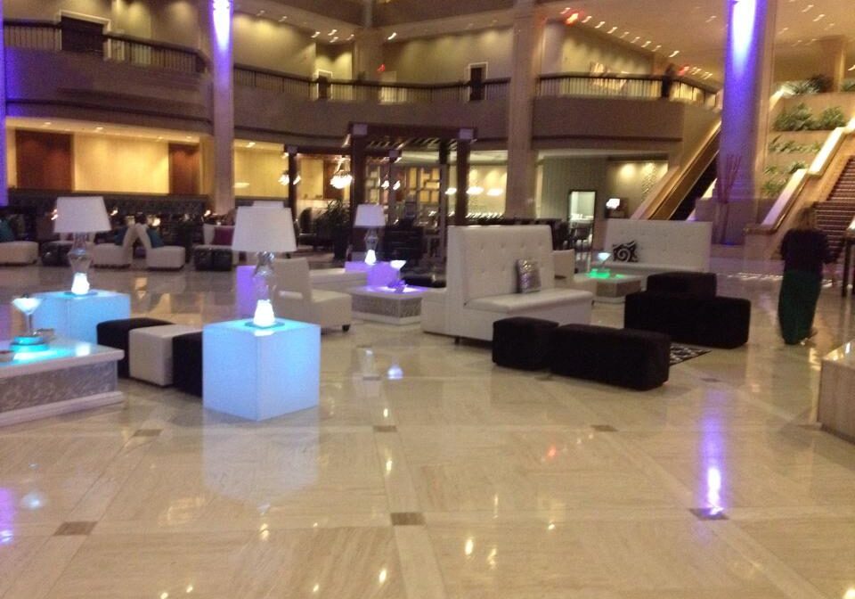 Spacious lobby with colorful lights