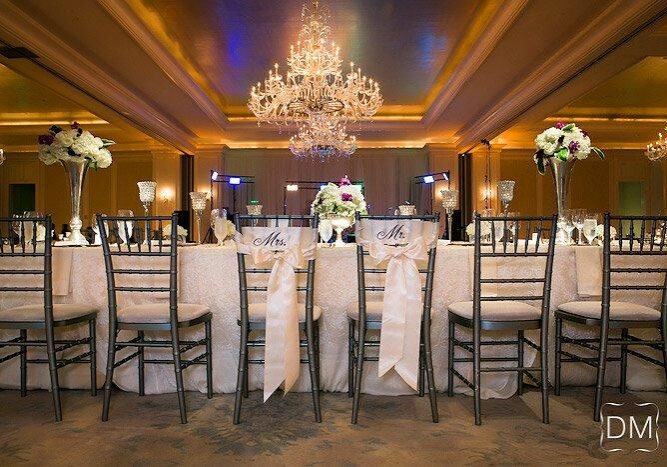 Elegant wedding reception with chandeliers
