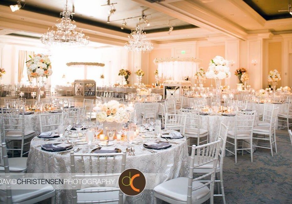 Luxurious banquet hall with decorated tables
