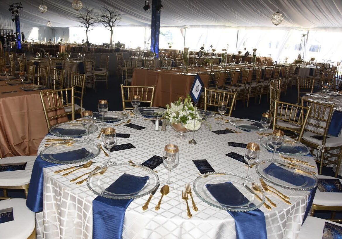 Luxurious banquet hall with blue accents