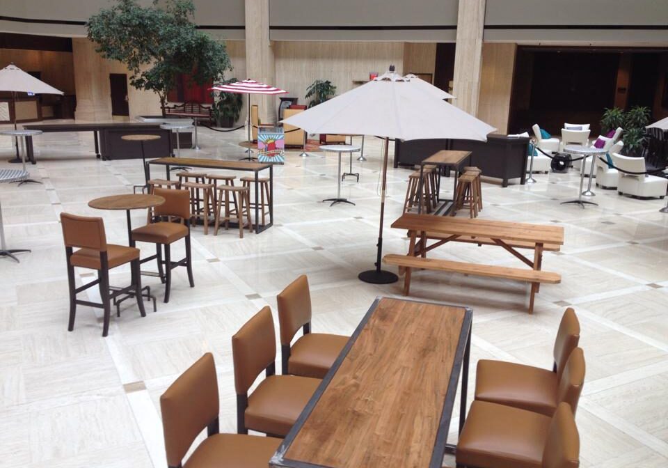 Indoor seating area with tables and chairs