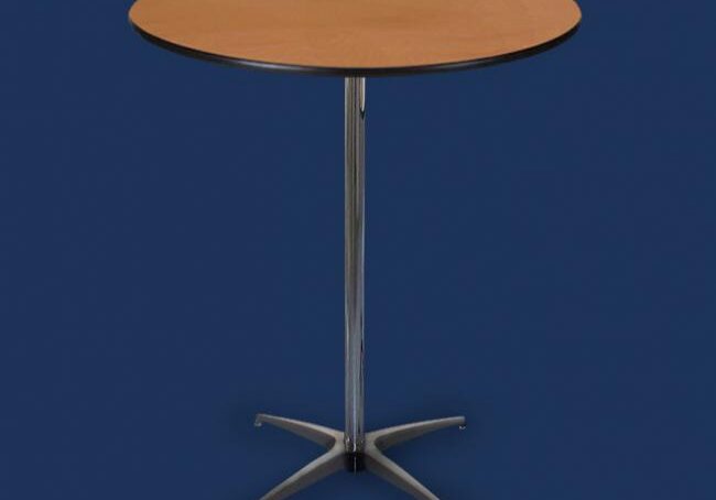 Round wooden table with metal base