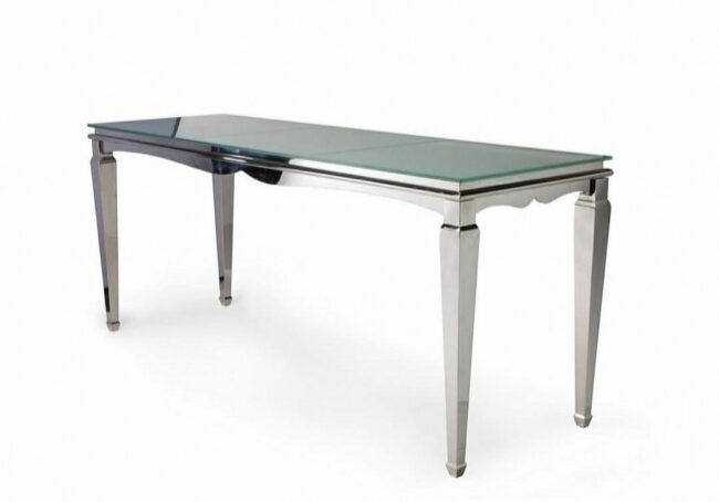 Sleek table featuring reflective glass surface.