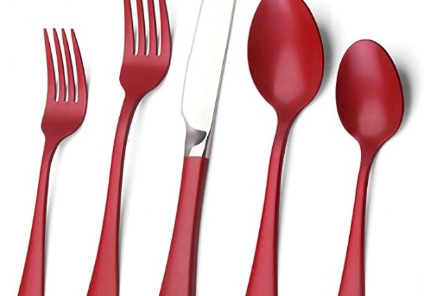 Red cutlery set on white background