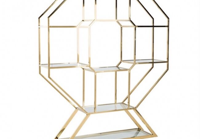 Modern gold and glass shelving unit