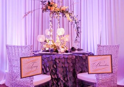 Romantic dinner setup with purple decor