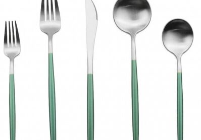 Modern silverware with green handles.