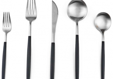 Black-handled cutlery set on white background