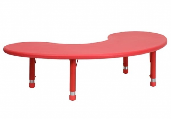 Children's red activity table, kidney shape.