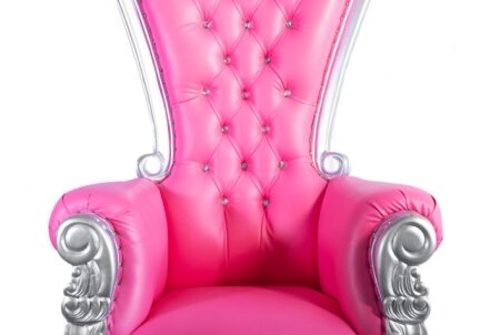 Elegant pink throne with intricate silver details.