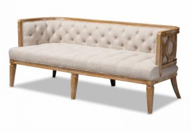 Elegant tufted beige sofa with wooden frame