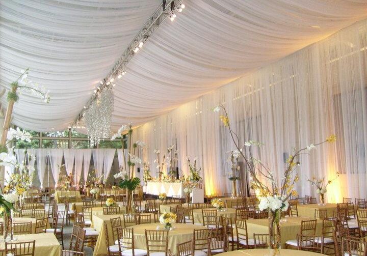 Elegant wedding reception with draped ceiling